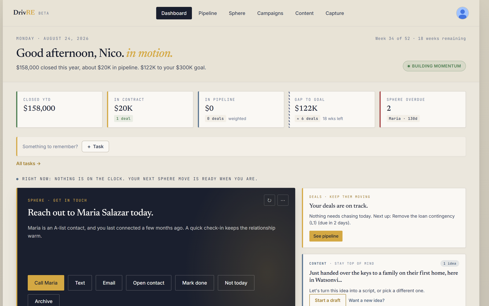The DrivRE dashboard showing the day's priority contact and active deals