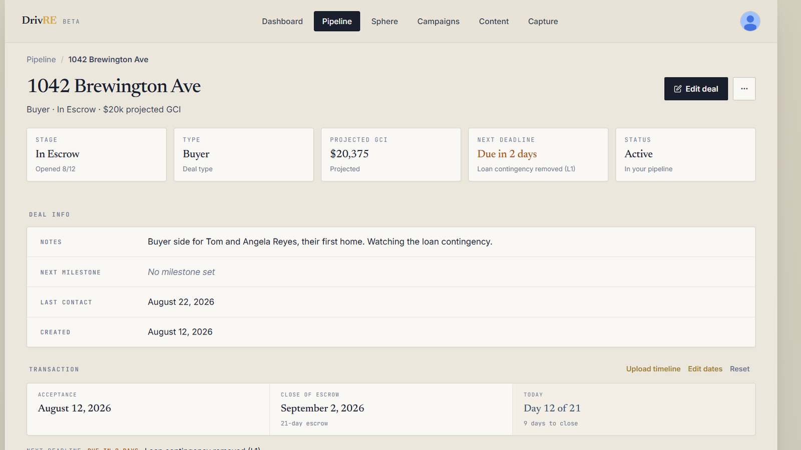 A DrivRE transaction checklist showing contingency deadlines and who each item is waiting on